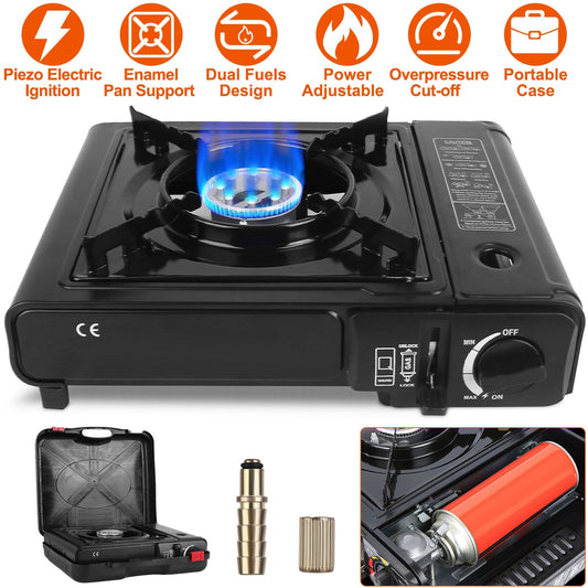 1Pc 3300W Portable Camping Stove Butane Canister Dual Fuel Burner Piezo Electric Ignition Single Burner With Automatic Tank Ejection Overpressure Cut Off Carry Case For Camping Hiking Picnic Fishing B